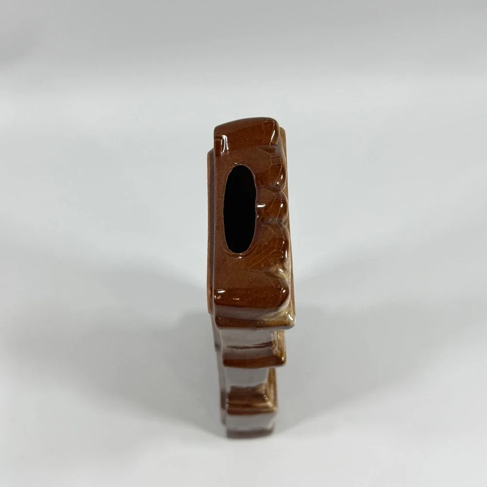 VTG Grandfather Clock Thermometer Ceramic‎ Brown Drip Glaze Japan MCM Home Decor